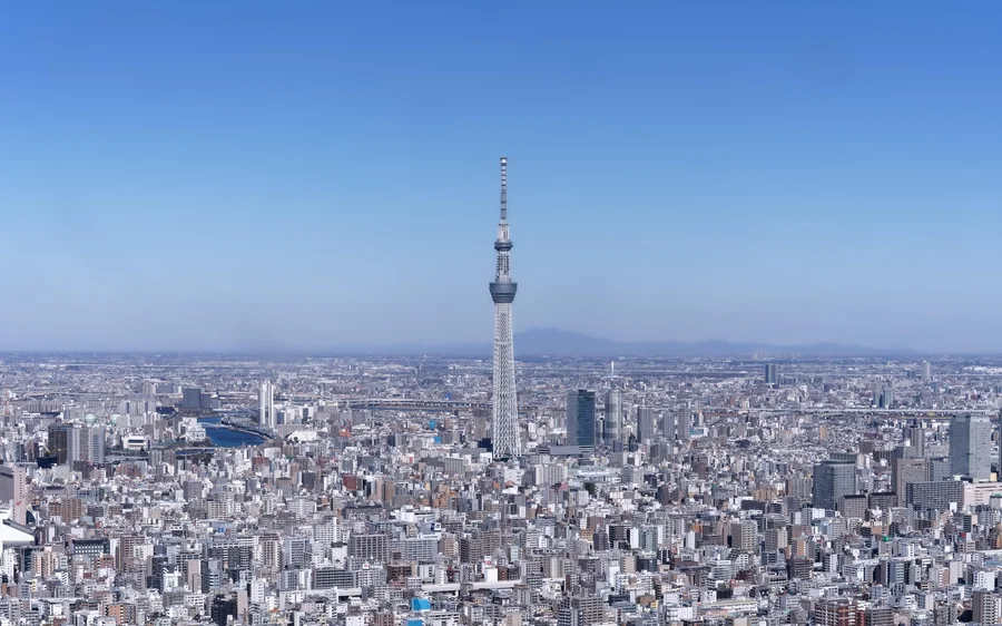 Tokyoer Dächer bis zum Horizont mit dem Skytree am Skyline