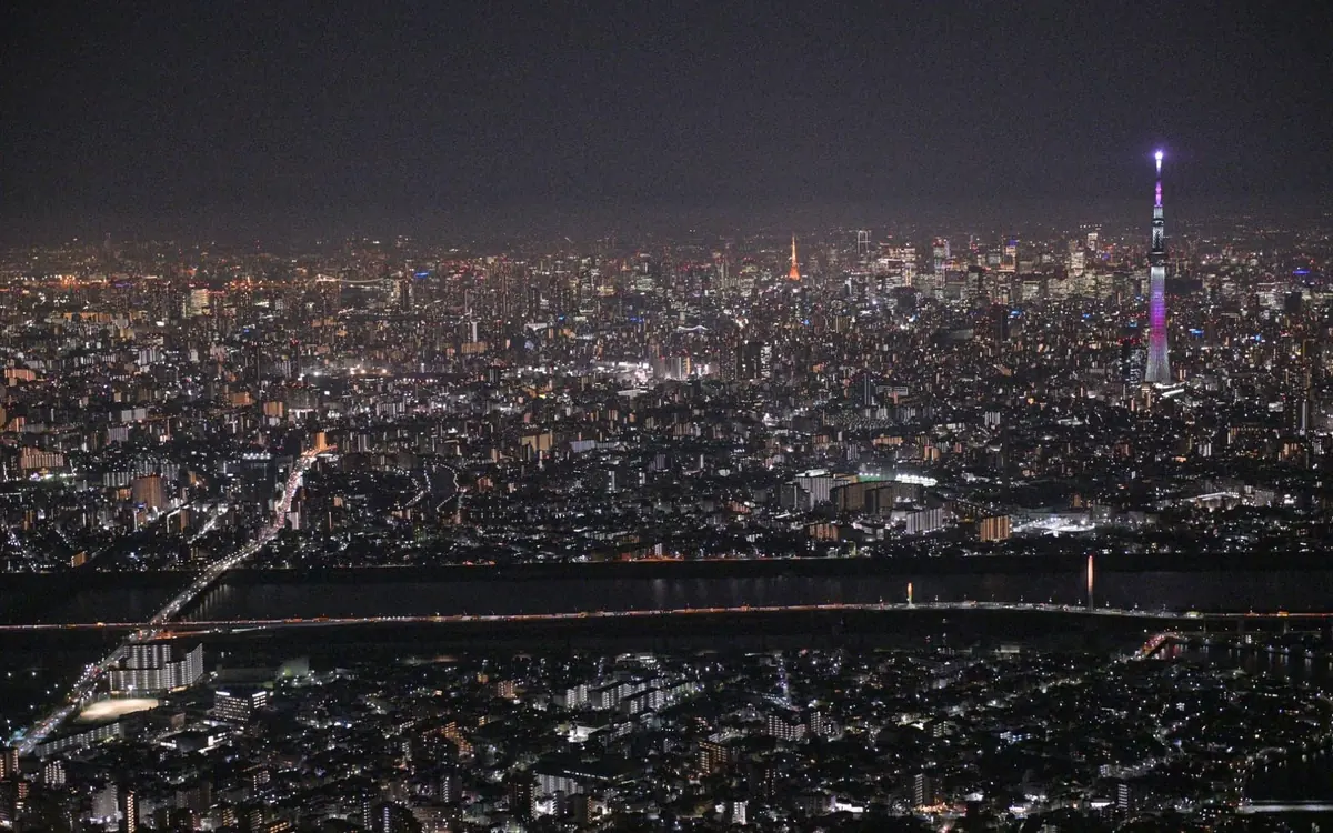 Tokyo lit up at night from the air, with the Skytree tower glowing on the right and a river crossing the foreground