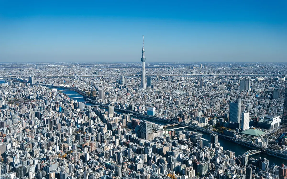 从空中俯瞰,Skytree 塔矗立在东京平坦的城市蔓延之上